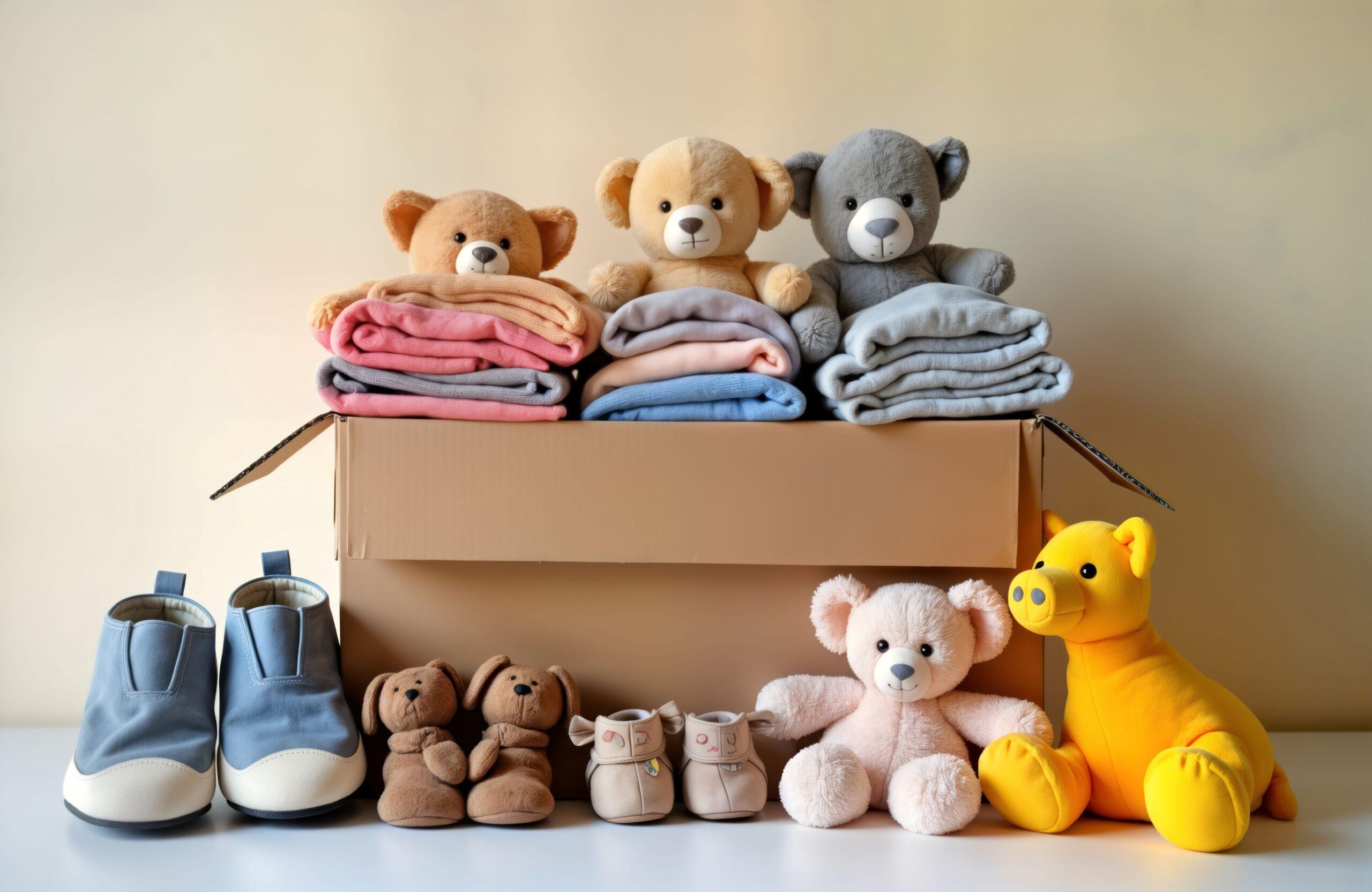 Geschenk zur Geburt mit Decken, Kuscheltieren und Babyschuhen in einer Auswahl hochwertiger Produkte