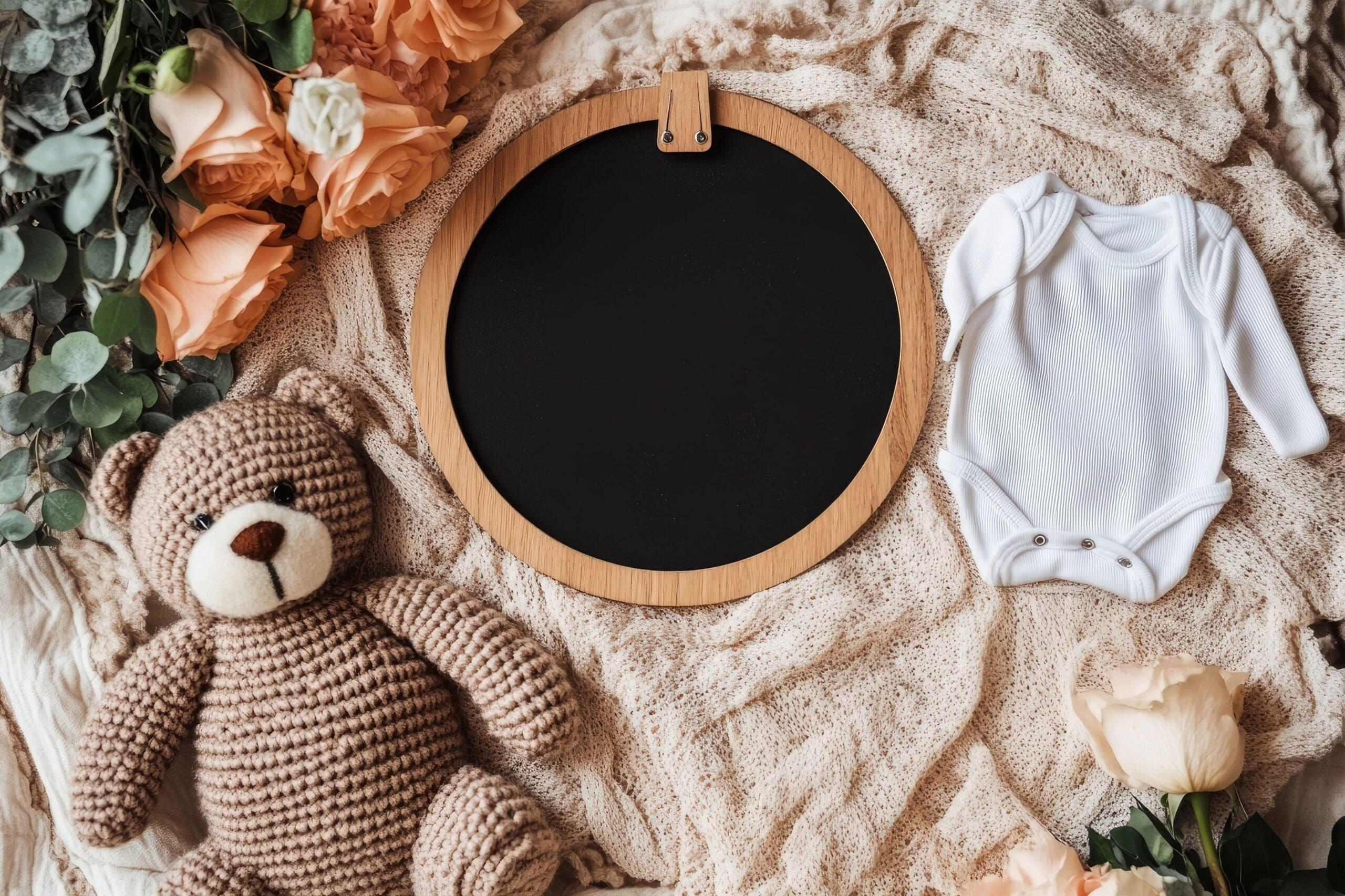 Geschenk zur Geburt mit gestricktem Teddybär, Babybody und Dekoration auf Naturtextilien